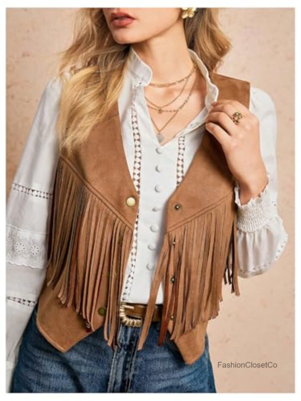 Women's Faux Suede Fringe Vest Sleeveless Cropped Cowgirl Western Button Jacket - Picture 2 of 4